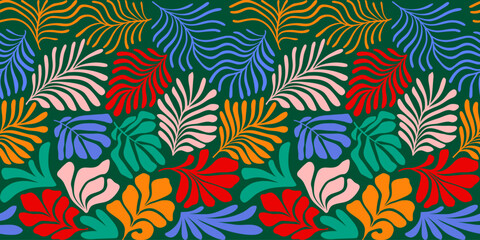 Multicolor abstract background with tropical palm leaves in Matisse style. Vector seamless pattern with Scandinavian cut out elements.
