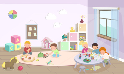 Kindergarten or preschool activities. Сhildren playing with cars, drawing and make crafts. Cartoon bundle, vector illustration. Modern room with furniture, sunlight from window.