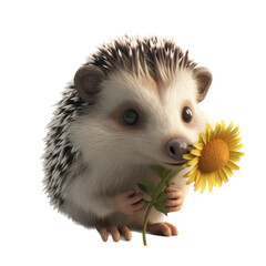 A hedgehog holding a flower, isolated on white background