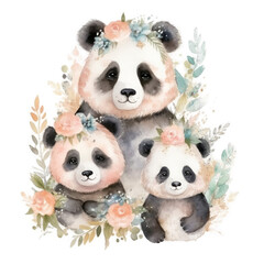 Cute watercolor panda family, Illustration AI Generative.