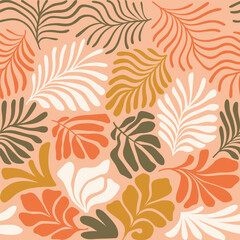 Fototapeta na wymiar Multicolor abstract background with tropical palm leaves in Matisse style. Vector seamless pattern with Scandinavian cut out elements.