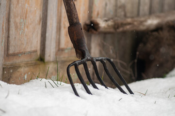 Close-up of an old pitchfork with a wooden handle, an agricultural tool. 