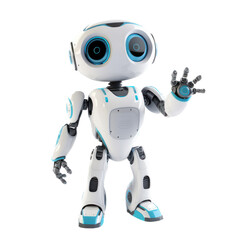 A white and blue robot waving 