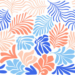 Multicolor abstract background with tropical palm leaves in Matisse style. Vector seamless pattern with Scandinavian cut out elements.