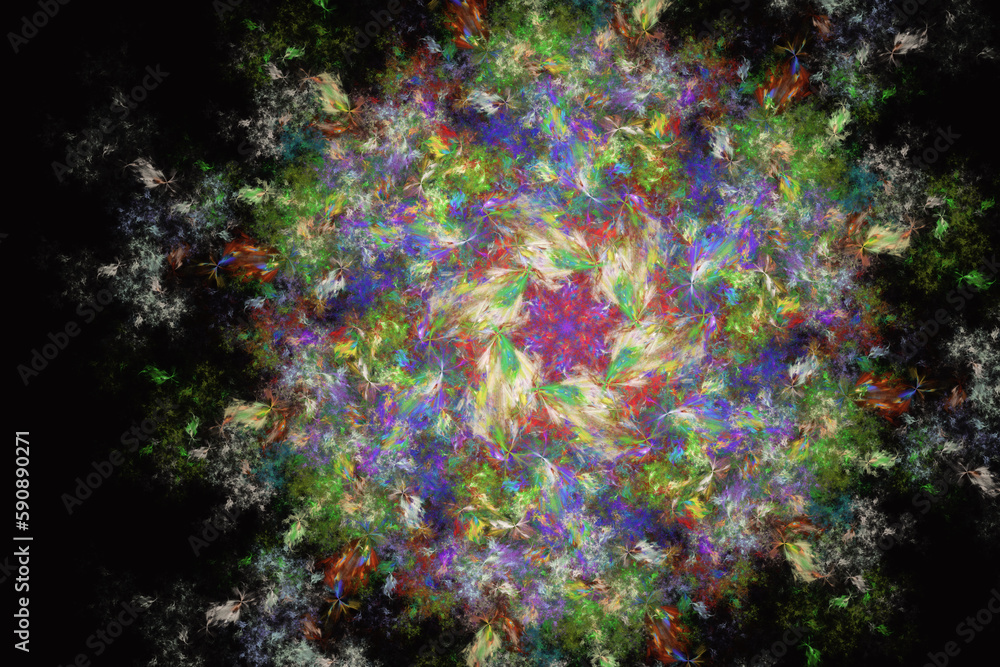 Aufkleber multi-colored bright round pattern of crooked strokes on a black background. abstract fractal 3d ren