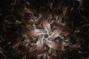 Red white pattern of crooked strokes on a black background. Abstract fractal 3D rendering