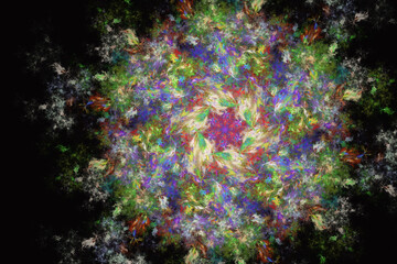 Fototapeta na wymiar Multi-colored bright round pattern of crooked strokes on a black background. Abstract fractal 3D rendering