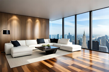 Fototapeta premium Interior design of a modern, minimalist, simple, clean, and futuristic living room that incorporates contemporary technology, innovative lighting, and advanced sleek furniture | Generative AI