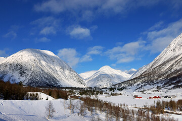 Fototapeta na wymiar Alpine winter landscape near Sogndalsfjora in Norway, Europe