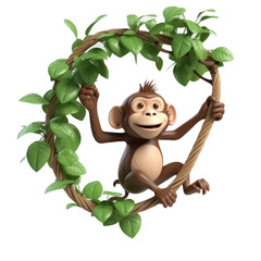 A Monkey cartoon character holding onto a tree