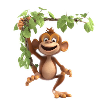 A Happy Monkey cartoon character holding onto a tree