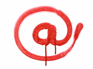 Red spray stain symbol of At sign isolated on white, clipping path