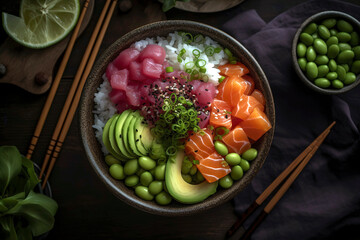 Top-down view of a perfect looking delicious vibrant poke bowl with marinated raw fish, sushi rice, avocado, edamame, and pickled vegetables.