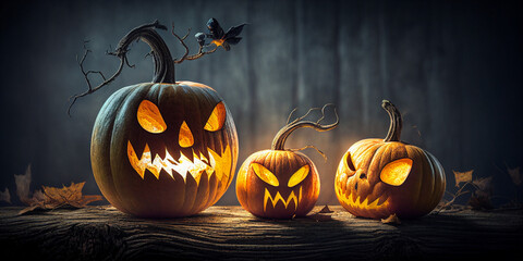 three halloween pumpkins are lit up on a wooden table Generative AI
