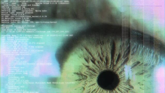 Eye macro, iris and pupils in fast movement. Idea for bio hacking with digital data, numbers in multicolor overlay. Biometric control in Cyberspace as digital identity and artificial intelligence fear