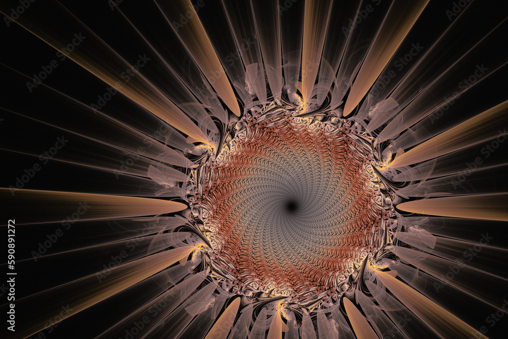 Aufkleber dark orange floral pattern of crooked waves and rays on a black background. abstract fractal 3d rend