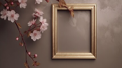 Modern gold picture frame mockup on a neutral textured background with a branch of cherry blossoms created with generative AI technology