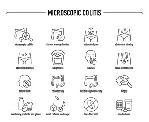 Microscopic Colitis symptoms, diagnostic and treatment vector icon set. Line editable medical icons.