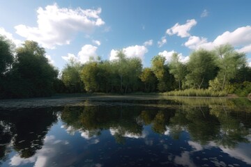 A serene pond surrounded by tall trees with the reflect Generative AI 3