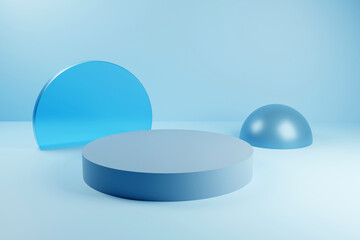 Column podiums in light blue color. Mock up scene to show products. Showcase, shopfront, display case. 3d render.