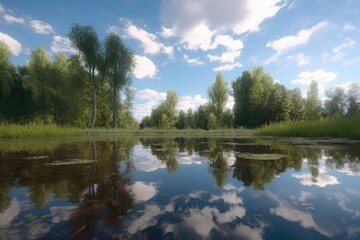 Fototapeta na wymiar A serene pond surrounded by tall trees with the reflect Generative AI