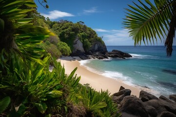 Beach Landscape he gentle curve of a beach cove, framed by tropical foliage, white sand, azure water, lush greenery 3 - AI Generative