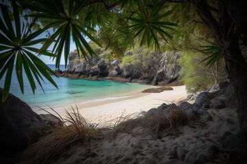 Plakat Beach Landscape he gentle curve of a beach cove, framed by tropical foliage, white sand, azure water, lush greenery 1 - AI Generative