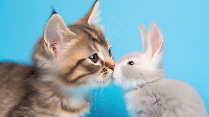 Kitten giving bunny a kiss. Generative AI