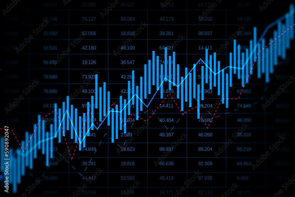 Poster glowing candlestick forex chart on dark background. trade, stock and global finance concept. 3d rend