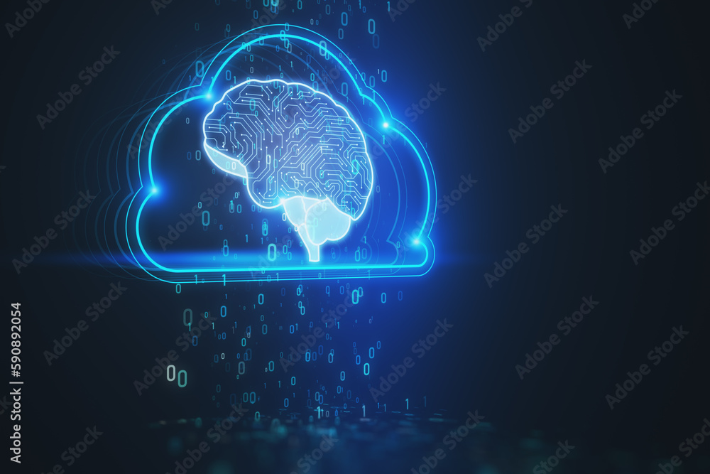 Poster Artificial Intelligence hardware concept. Glowing cloud brain and circuit coding hologram on dark background. Big data processing, ai trading, machine learning, technology background. 3D Rendering.
