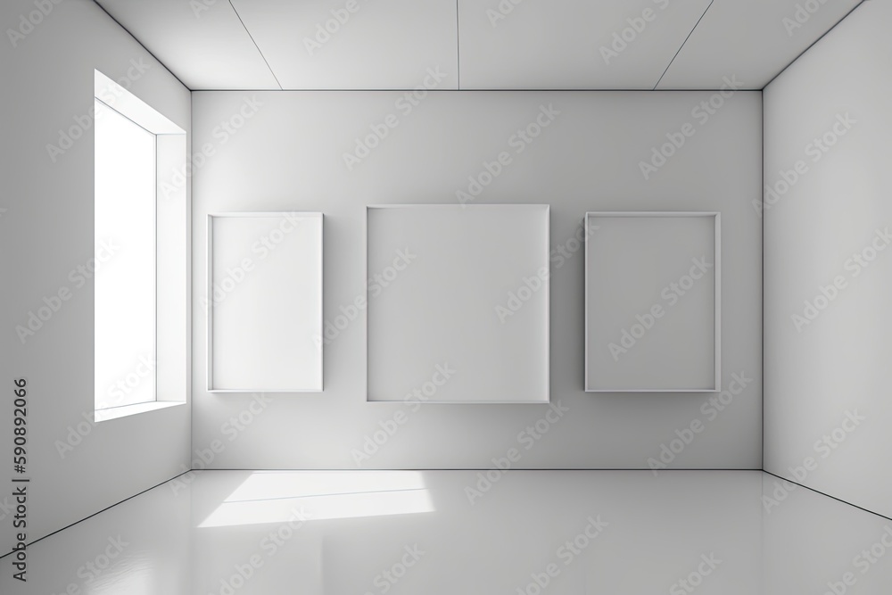 Poster empty room with three white frames hanging on the wal. generative ai