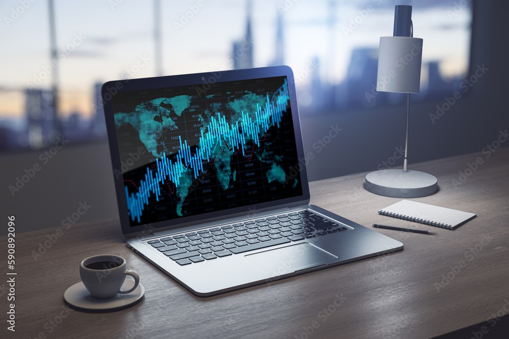 Poster close up of laptop on wooden desktop with coffee cup, forex chart on screen and window with city vie