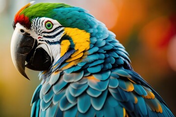 Fototapeta premium Blue macaw parrot in the treetops in a tropical rainforest, Amazon of Brazil. Wildlife concept of ecological environment. Generative AI