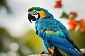 Obraz premium Blue macaw parrot in the treetops in a tropical rainforest, Amazon of Brazil. Wildlife concept of ecological environment. Generative AI