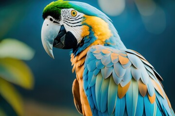 Blue macaw parrot in the treetops in a tropical rainforest, Amazon of Brazil. Wildlife concept of ecological environment. Generative AI