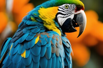 Fototapeta premium Blue macaw parrot in the treetops in a tropical rainforest, Amazon of Brazil. Wildlife concept of ecological environment. Generative AI