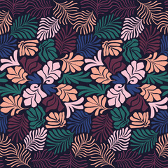 Multicolor abstract background with tropical palm leaves in Matisse style. Vector seamless pattern with Scandinavian cut out elements.