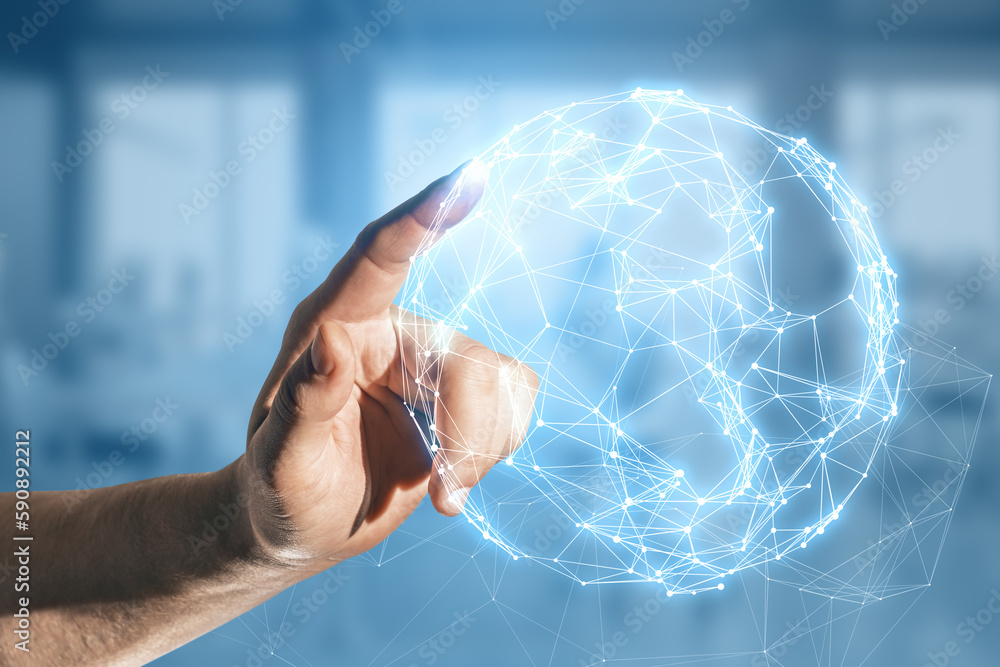 Aufkleber Close up of businessman hand using glowing polygonal globe hologram on blurry background. Connection Structure. Digital Data Visualization. Social Network Graphic Concept.