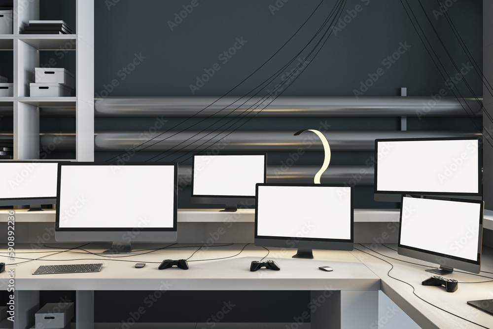 Aufkleber Clean office interior with multiple empty white computer monitors on light desk. Gaming, work, hacking and bitcoin mining concept. Mock up, 3D Rendering.