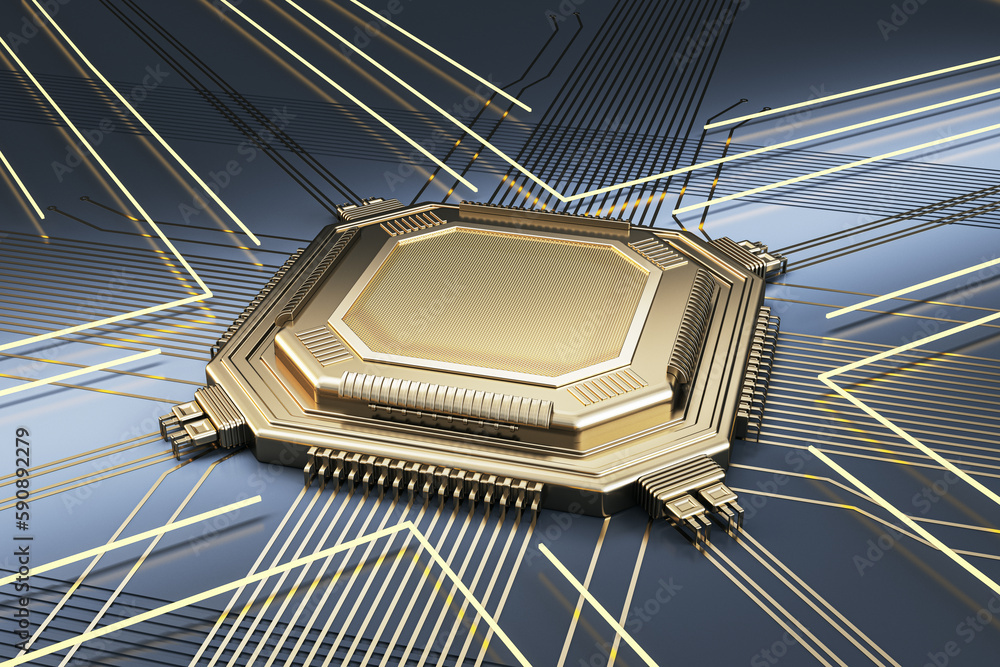 Leinwandbilder Creative empty golden chip on metal backdrop with lines. Mock up place. Technology and motherboard, computer and hardware concept. 3D Rendering.