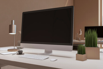 Close up of designer office desk top with empty black computer monitor, decorative items and supplies. Mock up, 3D Rendering.