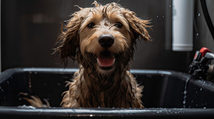 Adorable and happy dog in the bathtub. Generative AI