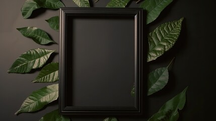 Modern black picture frame mockup on a neutral textured background with branches and green leaves created with generative AI technology
