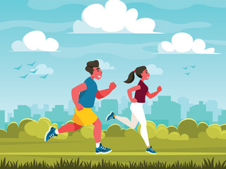 Running people. Running man. Athletes jogging. Running sport concept. Nature background with cityscape. City park on the background of the business district. Vector graphics