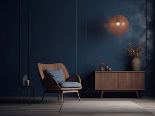 Living room interior mockup in warm tones with armchair on empty dark blue wall background.