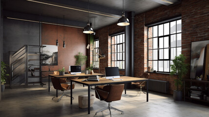 Interior of modern office with brick walls, concrete floor, rows of computer tables and brown chairs Generative AI