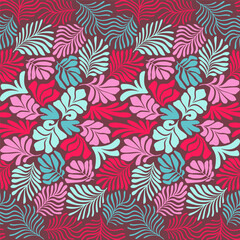 Multicolor abstract background with tropical palm leaves in Matisse style. Vector seamless pattern with Scandinavian cut out elements.