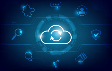 Cloud security technology background. Icon Business Network Information, Protect, Communicate, Privacy, Strategy, Tactical. Hi-tech vector illustration.