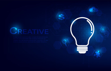 Creative thinking digital technology background. Business icons with binary digit concept. Creative ideas of light bulbs. Hi-tech vector illustration.