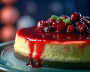 Homemade cheesecake topped with a mixed berry compote and a dusting of powdered sugar.